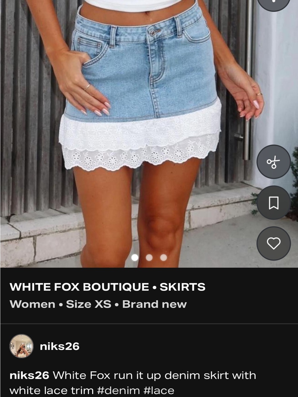 White Fox Boutique Light Blue Denim Mini Skirt with White Lace Hem